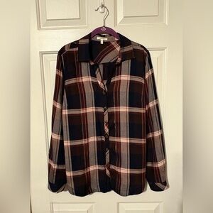 Maurice's Women's Size M Burgundy Blue Plaid Button Down Long Sleeve Top V-Neck